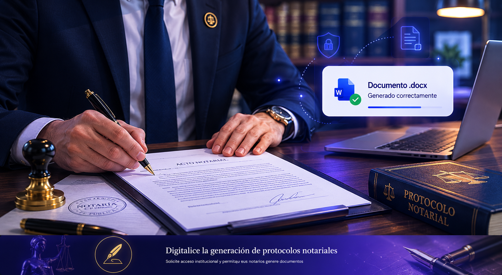 Profesional notarial ante escritorio con documentación